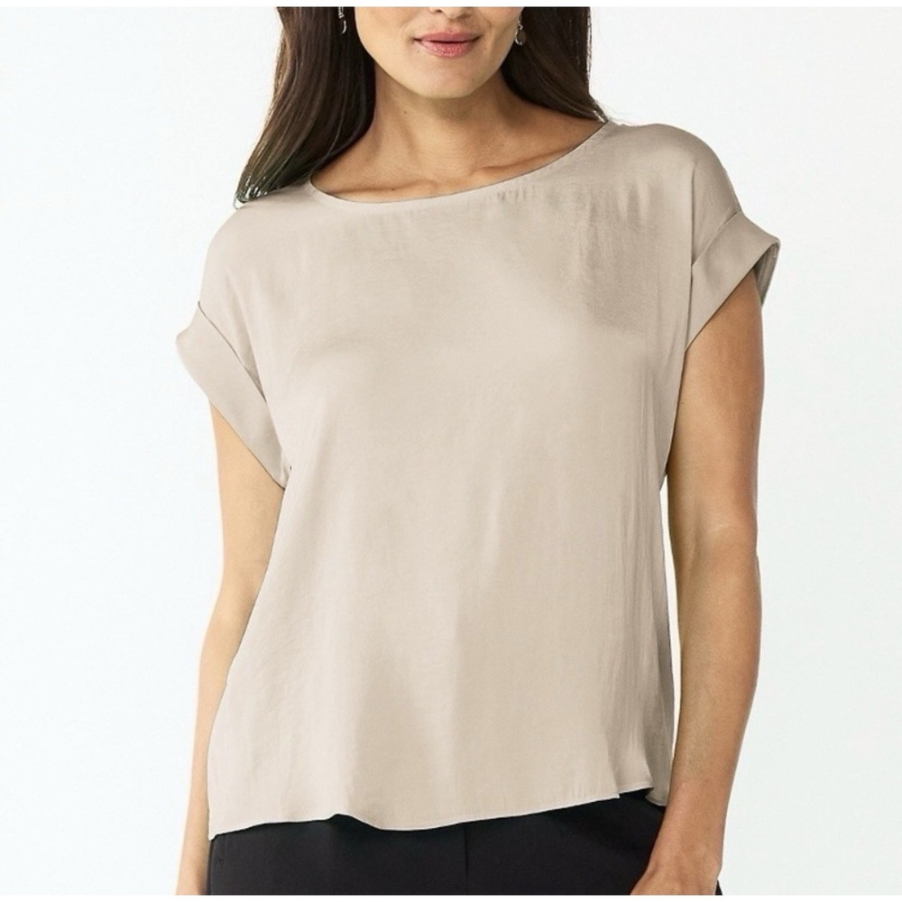 Nine West Silky Satin Roll Sleeve Tee Short Sleeve Cream Blouse